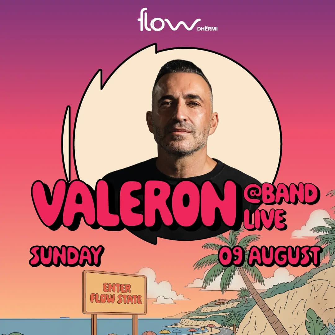 Poster for Valeron @Band Live at Flow Beach, 9 August.